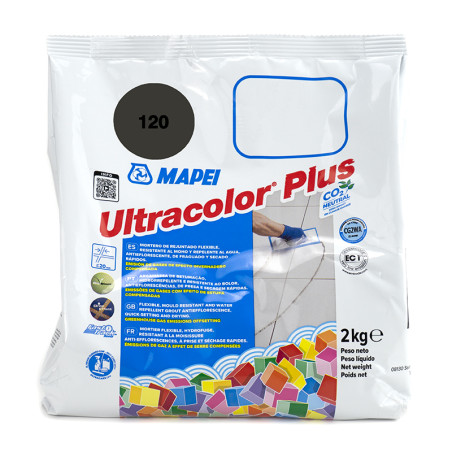 Sac affichant « MAPEI Ultracolor Plus », avec des carreaux, des carrés colorés et le texte « 2 kg ».
