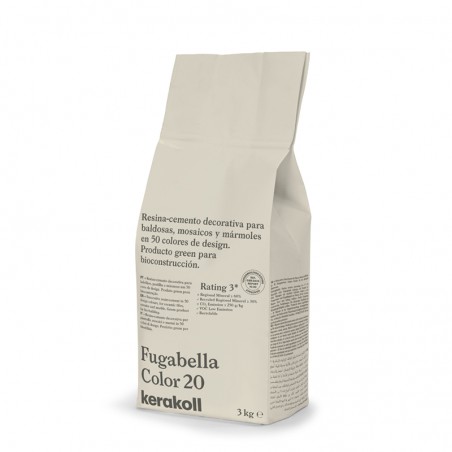 Zak met het opschrift `Fugabella Color 20` staat rechtop en bevordert decoratief harscement voor bioconstructie, 3 kg, van Kerak