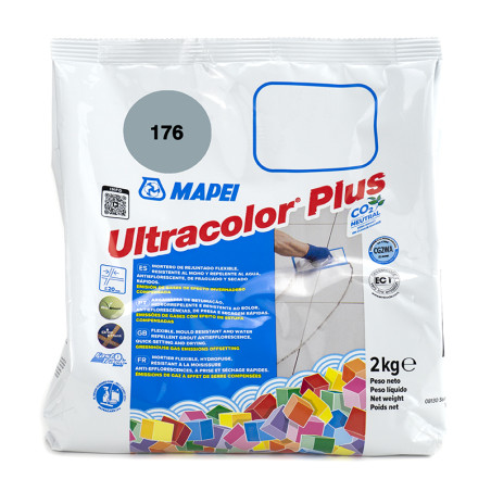 A embalagem exibe cimento `Mapei Ultracolor Plus` com gráficos quadrados coloridos, detalhes de texto e uma ilustração de um tra