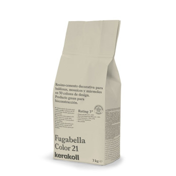 Beutel mit der Aufschrift „Fugabella Color 21“ von Kerakoll enthält dekorativen Harzzement, der eine umweltfreundliche Biokonstr