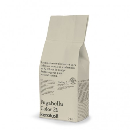 Beutel mit der Aufschrift „Fugabella Color 21“ von Kerakoll enthält dekorativen Harzzement, der eine umweltfreundliche Biokonstr