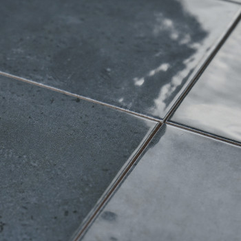 Les carreaux de céramique sombres et brillants reflètent la lumière, mettant en valeur une surface légèrement texturée avec de s