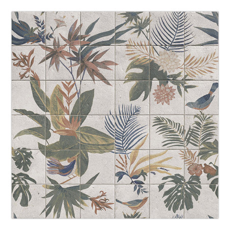 Ilustrações de plantas tropicais e pássaros abrangem vários azulejos de cerâmica, mostrando folhas verdes exuberantes e flora co