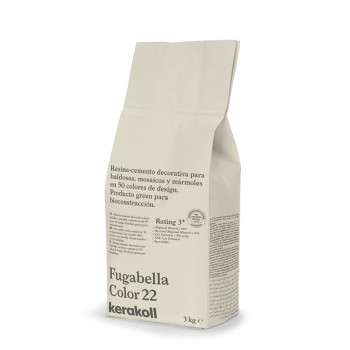 Die Tasche steht aufrecht auf einer ebenen Fläche und trägt die Aufschrift „Fugabella Color 22 kerakoll“, dekorativer Harzzement
