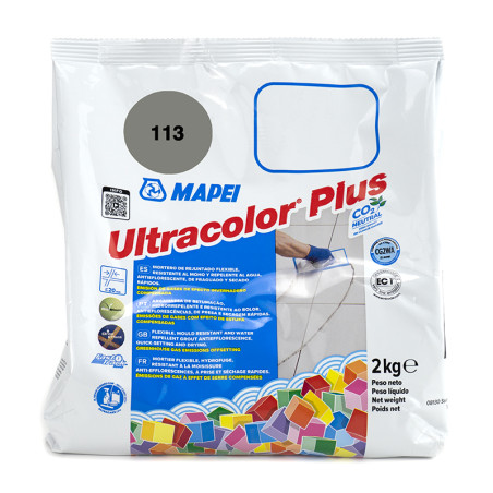 Beutel mit Mapei Ultracolor Plus Fugenmörtel, mit Fliesenlegeanleitung, 2 kg Gewicht und mehrfarbigen dekorativen Quadraten am B
