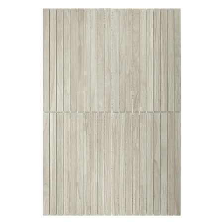 Helle Fliesen mit Holzstruktur, in einem Gittermuster angeordnet, mit vertikalen Rillen, die für einen eleganten, modernen Look Helle Fliesen mit Holzstruktur, in einem Gittermuster angeordnet, mit vertikalen Rillen, die für einen eleganten, modernen Look