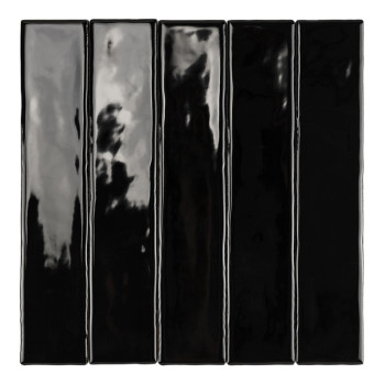 Cinq carreaux noirs rectangulaires brillants alignés verticalement, reflétant la lumière et les silhouettes. les surfaces lisses