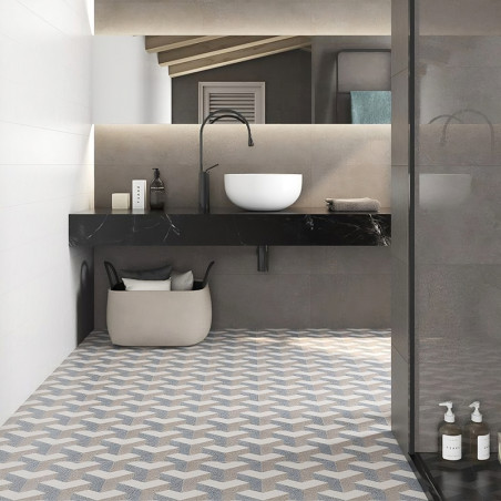Los azulejos hexagonales crean un patrón geométrico en el piso del baño, que contrasta con la decoración elegante y moderna del Los azulejos hexagonales crean un patrón geométrico en el piso del baño, que contrasta con la decoración elegante y moderna del