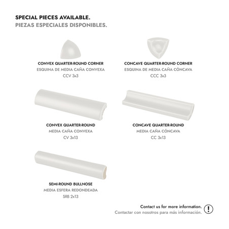 De afbeelding toont verschillende tegelstukken: een convexe kwartronde hoek, concave kwartronde hoek, convexe en concave kwartro