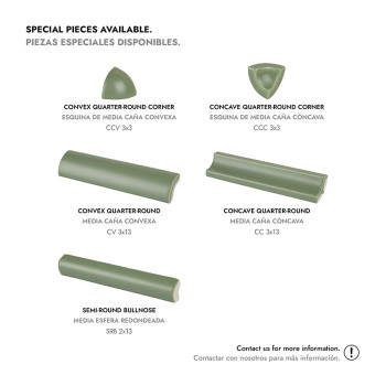 Des pièces de carreaux de céramique verte sont exposées, chacune avec une forme différente, étiquetée comme coins convexes ou co