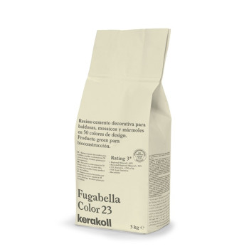 Un sac en papier beige étiqueté « Fugabella Color 23 » contient du ciment-résine décoratif. Le texte se lit comme suit : « Résin