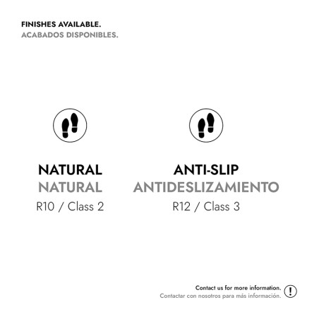 Zwei Optionen für die Fliesenoberfläche: „Natur“ (R10 / Klasse 2) und „Antirutsch“ (R12 / Klasse 3). Kontaktinformationen verfüg Zwei Optionen für die Fliesenoberfläche: „Natur“ (R10 / Klasse 2) und „Antirutsch“ (R12 / Klasse 3). Kontaktinformationen verfüg