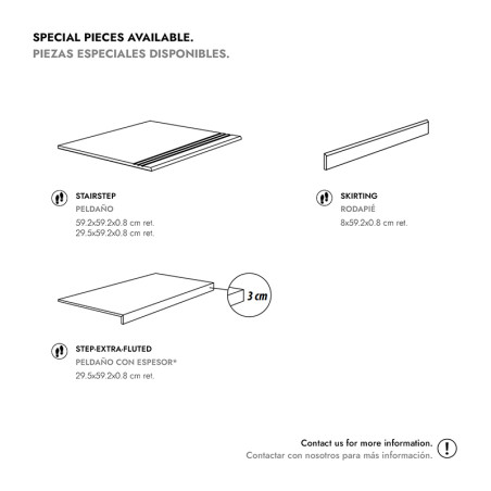 Schémas de trois pièces de carrelage : StairStep (59,2x9,2x0,8 cm), Plinthe (8x59,2x0,8 cm) et Marche Extra-Cannelée de 3 cm d'é