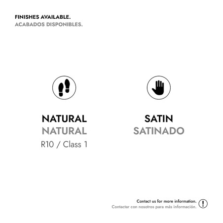 Les finitions disponibles incluent « Naturel » avec icône de pied, R10/Classe 1 et « Satin » avec icône de main. Coordonnées pou