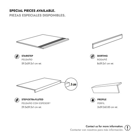 Diagramm spezieller Fliesenstücke, einschließlich Treppenstufe, Sockelleiste, extra geriffelter Stufe und Profil. Abmessungen un
