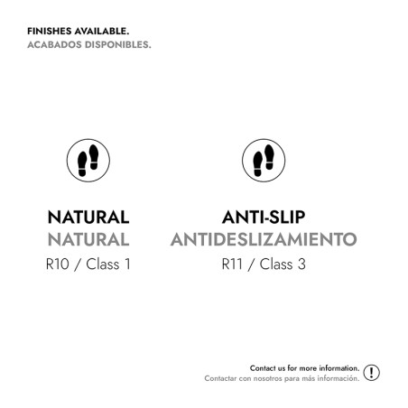 Options de finition des carreaux affichées : Naturel (R10/Classe 1) et Antidérapant (R11/Classe 3) avec des icônes d'empreintes 