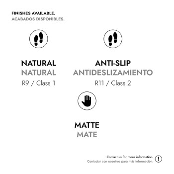 A imagem exibe informações sobre acabamentos de ladrilhos. As opções Natural (R9/Classe 1), Antiderrapante (R11/Classe 2) e Fosc