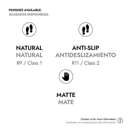 El texto proporciona opciones de acabado de mosaicos: 

Natural (R9 / Clase 1), 
Antideslizante (R11 / Clase 2), 
Mate (info