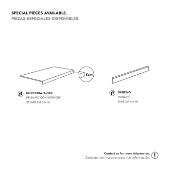 Schéma montrant deux types de carreaux : un "Step-Extra-Fluted" (29,5x88,8x1 cm) et un "Plinthe" (8x44,3x1 cm), avec des étiquet