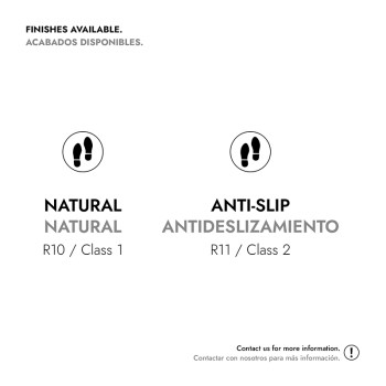 Deux options de carrelage sont présentées : « Naturel », R10/Classe 1, et « Antidérapant », R11/Classe 2. Finitions disponibles.