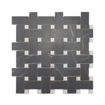 Les carreaux rectangulaires sombres s'emboîtent dans un motif tressé, créant un motif géométrique. Les veines blanches simulent 