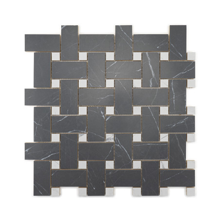 Los azulejos rectangulares oscuros se entrelazan en un patrón de tejido de cesta, creando un diseño geométrico. Las vetas blanca Los azulejos rectangulares oscuros se entrelazan en un patrón de tejido de cesta, creando un diseño geométrico. Las vetas blanca
