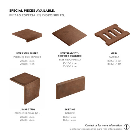 Brown ceramic tile pieces are shown: step extra fluted, step tread with rounded bullnose, grid, L shape trim, and skirting. Text Brown ceramic tile pieces are shown: step extra fluted, step tread with rounded bullnose, grid, L shape trim, and skirting. Text