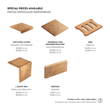 De afbeelding toont verschillende tegelontwerpen met de labels: `STAP EXTRA GEFLUTED`, `STAP TREAD MET RONDE BULLNOSE`, `GRID`, 