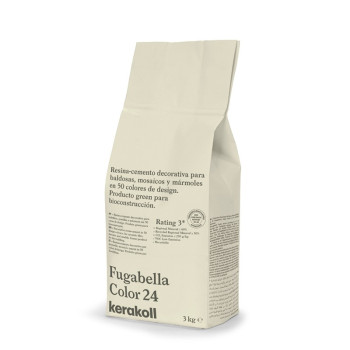 Ein beiger Beutel mit der Aufschrift „Fugabella Color 24 kerakoll 3 kg“ steht aufrecht. Es handelt sich um Harzzement, das eine 