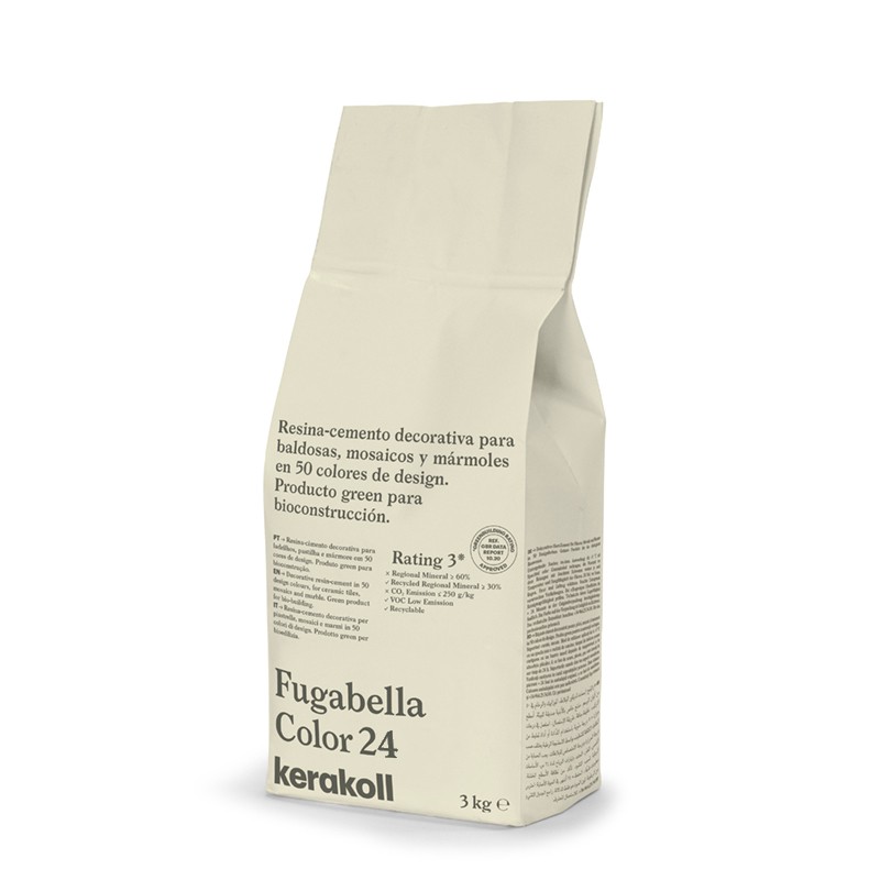 Een beige zak met het opschrift `Fugabella Color 24 kerakoll 3 kg` staat rechtop. Het is voor harscement, wat milieuvriendelijk 