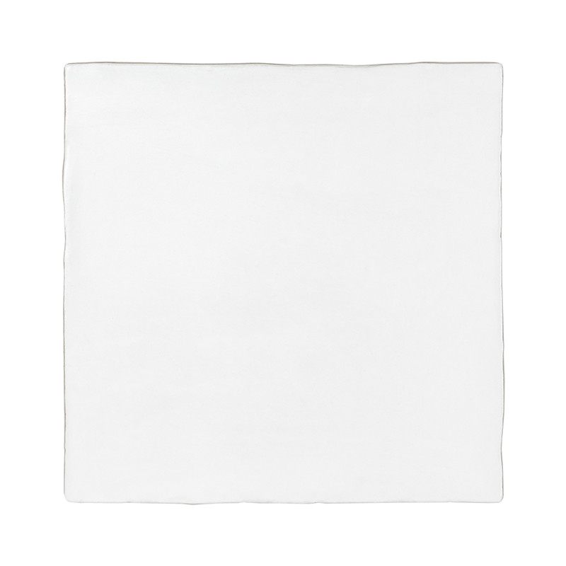 Um ladrilho quadrado branco liso repousa sobre um fundo neutro, com bordas ligeiramente irregulares, sugerindo uma aparência art