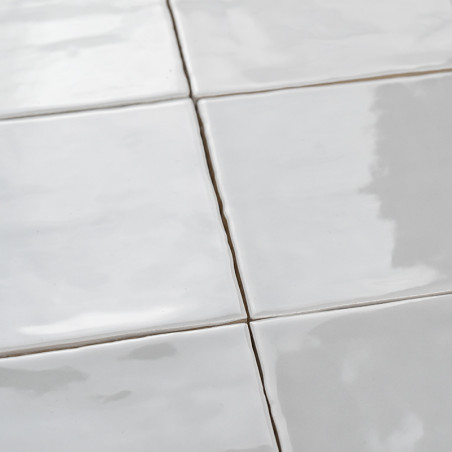 Les carreaux blancs lisses et brillants sont soigneusement disposés selon un motif en grille, reflétant la lumière dans une pièc