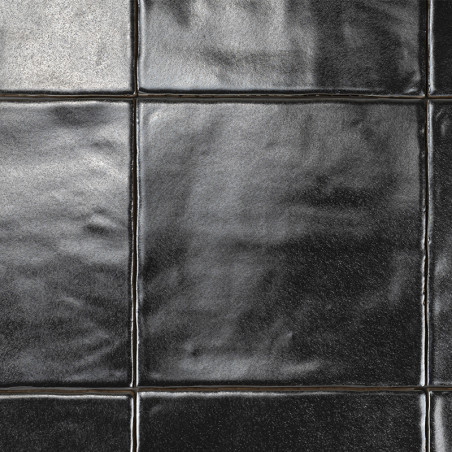 Des carreaux noirs carrés et brillants reliés par de fines lignes de coulis créent une surface élégante réfléchissant subtilemen Des carreaux noirs carrés et brillants reliés par de fines lignes de coulis créent une surface élégante réfléchissant subtilemen