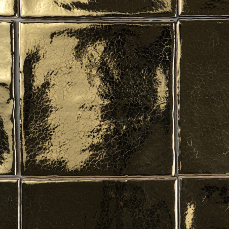 Donkere, glanzende tegels reflecteren licht. hun gecraqueleerde textuur creëert een verouderd, artistiek effect. Tegels zijn gel