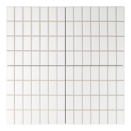 Les carreaux carrés blancs et brillants disposés selon un motif en grille, divisés par de fines lignes de coulis beiges, créent 