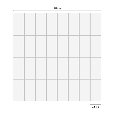 Carreau carré blanc affichant un motif de grille composé de rectangles plus petits, régulièrement espacés. Les dimensions sont é