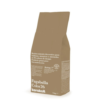 Eine braune Tüte mit der Aufschrift „Fugabella Color26“ steht aufrecht auf weißem Hintergrund. Harzzement für Fliesen, umweltfre