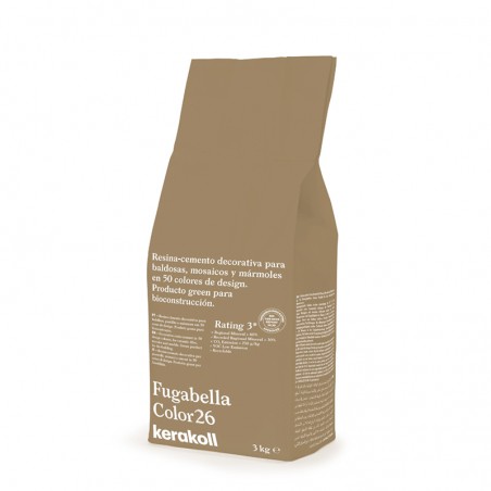 Un sac marron étiqueté « Fugabella Color26 » se tient debout sur un fond blanc. résine-ciment pour carrelage, produit écologique