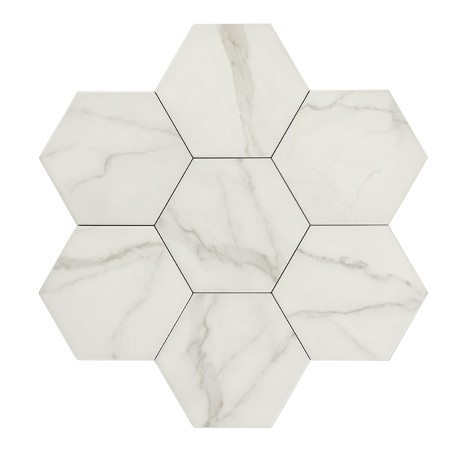 Hexagonal tiles form a honeycomb pattern, featuring a white background with subtle gray veining, evoking a marble-like appearanc