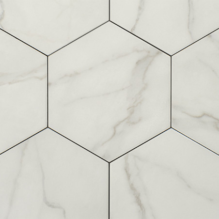Hexagonal tiles feature a marble-like pattern with subtle gray veins, creating a sophisticated and elegant appearance on a flat 