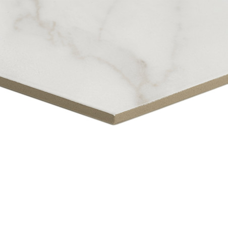 A square ceramic tile features a smooth, glossy surface with subtle gray marbling. It rests at an angle, showcasing its thin edg