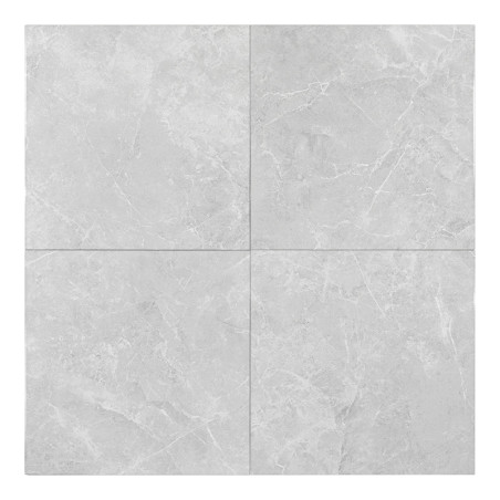 Quatre carreaux d'aspect marbre gris clair forment un motif carré. La surface présente de subtiles veines blanches, créant une t Quatre carreaux d'aspect marbre gris clair forment un motif carré. La surface présente de subtiles veines blanches, créant une t