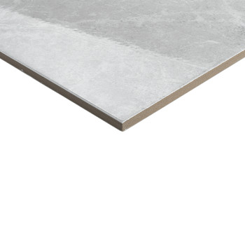 A flat, rectangular tile rests on a white background, featuring a muted gray marbled pattern that adds a subtle texture.