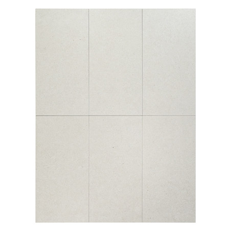 De grands carreaux beiges rectangulaires sont disposés selon une grille 2x3, créant un design minimaliste sur une surface plane.