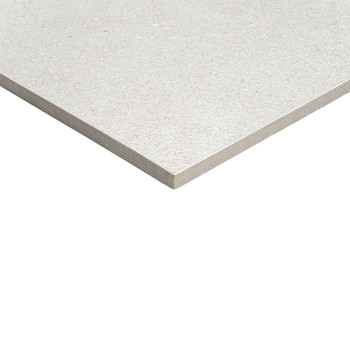 A smooth, light gray tile with a speckled texture rests on a white background, emphasizing its even surface and clean edges.