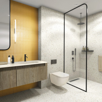 Ein modernes Badezimmer verfügt über einen Holzwaschtisch mit einem eleganten Wasserhahn, eine verglaste Dusche und eine schwebe