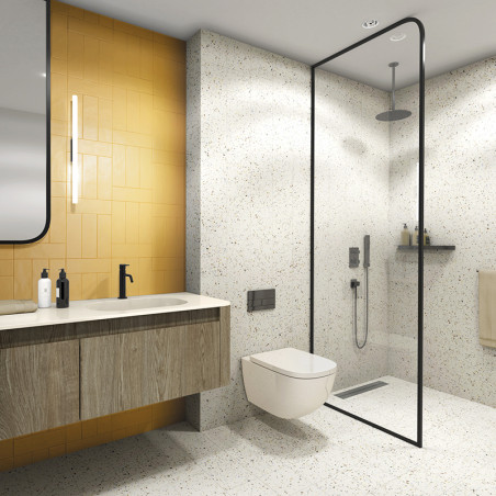 Um banheiro moderno apresenta uma penteadeira de madeira com uma torneira elegante, um chuveiro com box de vidro e um vaso sanit