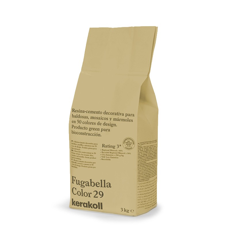 Eine beige Tüte mit der Aufschrift „Fugabella Color 29“ enthält Informationen zu Harzzement für Fliesen. Marke: Kerakoll, 3 kg.