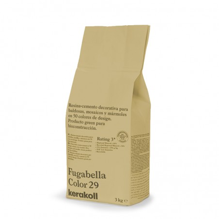 Een beige zak met het opschrift `Fugabella Color 29` geeft informatie over harscement voor tegels. Merk: Kerakoll, 3 kg.