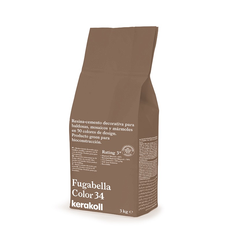 Un sac marron étiqueté « Fugabella Color 34 » contient du ciment-résine pour carrelage, mosaïque et marbre. Produit par Kerakoll